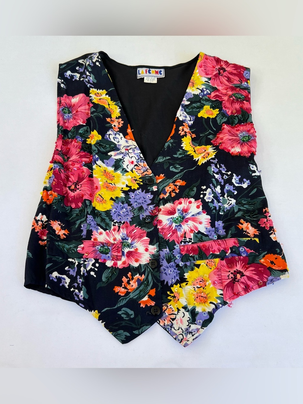 Vintage 90s Sleeveless Button Up Top Sz L Boho Colorful Sequin Floral Summer